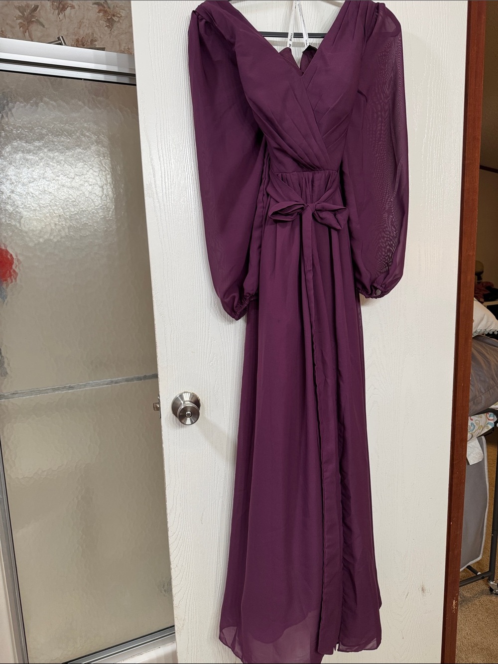 Elegant Plum Long Sleeve Maxi Dress with Bow Waist